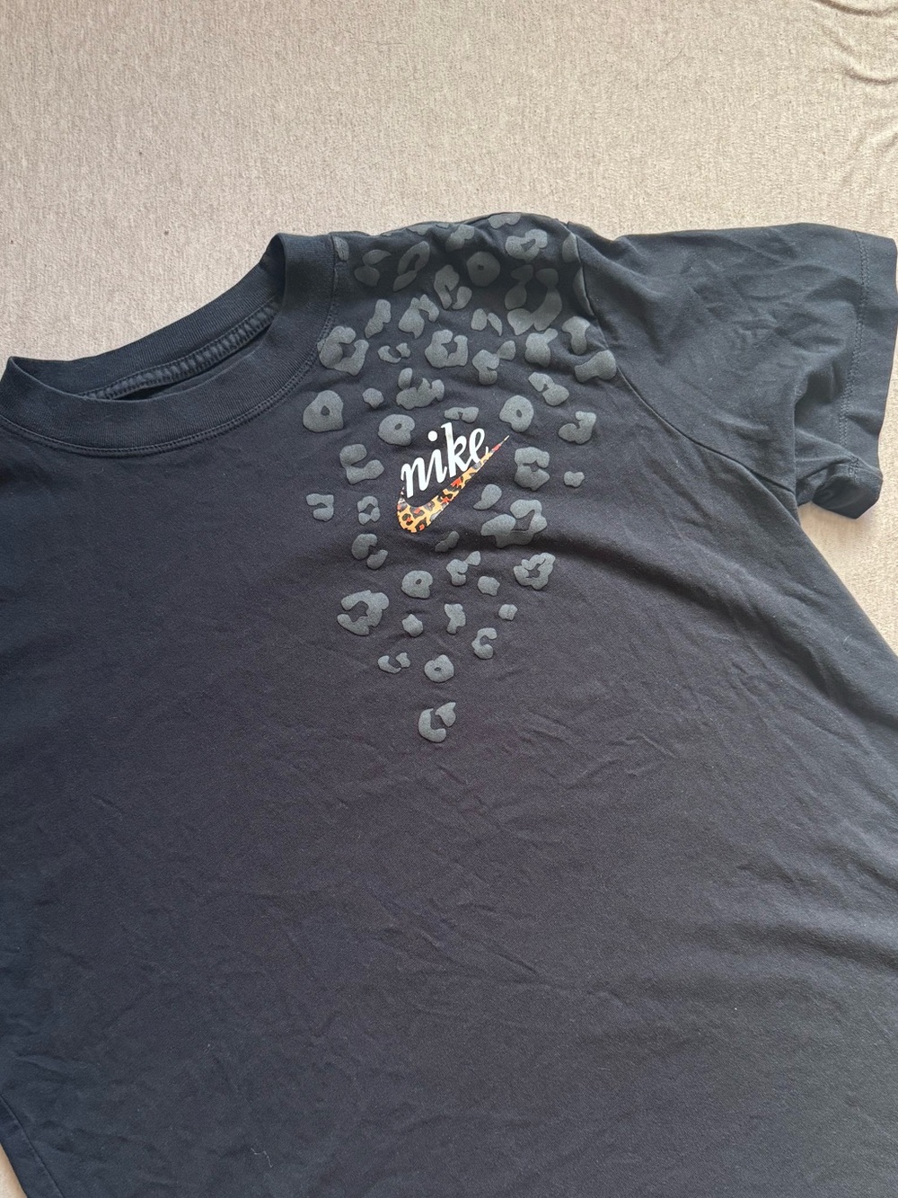 Nike Black Tee with Leopard Swoosh Accent